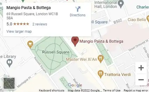 google map location Mangio Pasta & Bottega 69 Russell Square, London WC1B 5BA